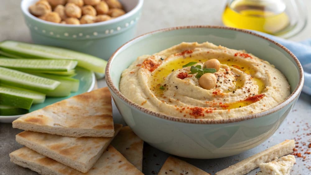 Hummus w misce i dodatki – świeże ogórki i chlebek pita.