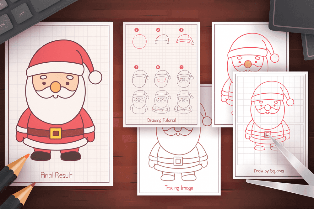 kilka kartek z narysowanymi mikołajami