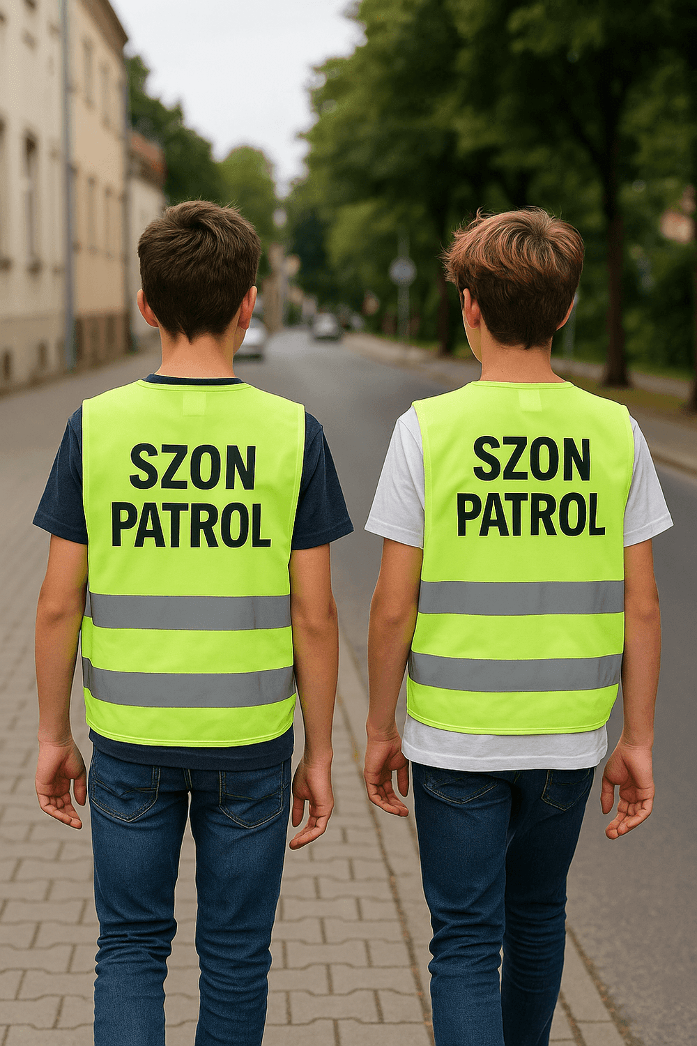 dwóch nastolatków w koszulkach z napisem szon patrol