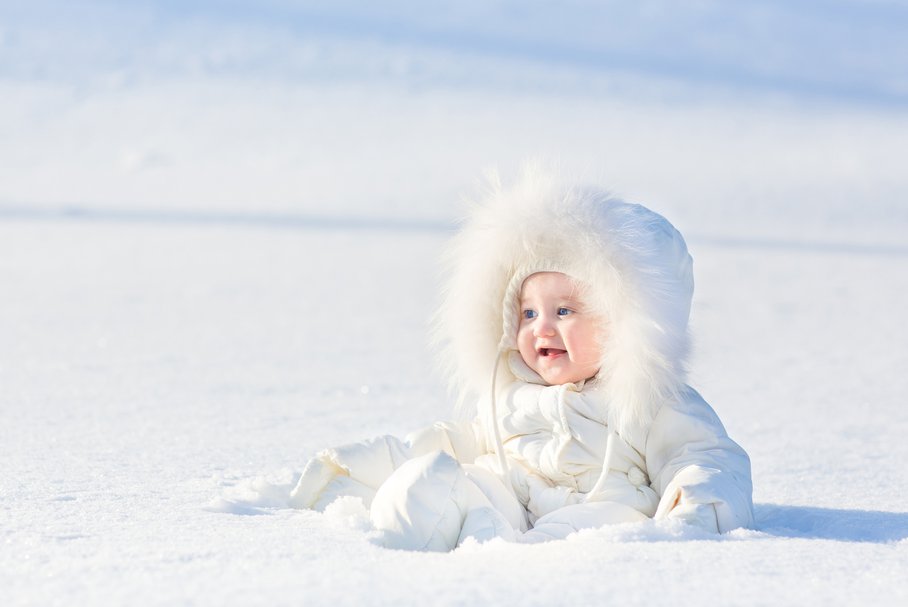 Dziecko w kombinezonie zimowym siedzące na śniegu.
