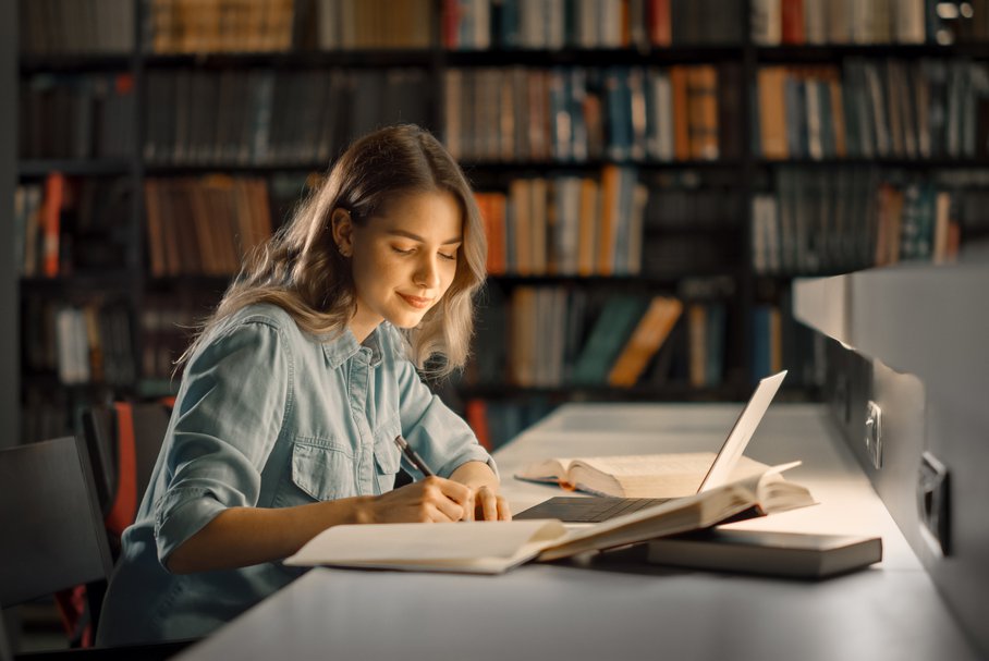 Uczennica pisząca referat w bibliotece.